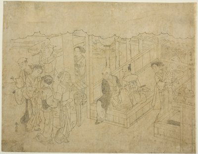 Avainlohkoprintti esittelyyn (Miai), ensimmäinen arkki sarjasta "Avioliitto Brocade Prints, the Carriage of the Virtuous Woman (Konrei nishiki misao-guruma)" tekijältä Suzuki Harunobu