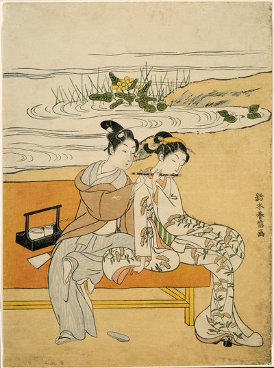 Rakastavaiset leikkivät samaa hahmoa (parodia Xuanzongista ja Yang Guifeista), noin 1767 (värillinen puupiirros; chuban). tekijältä Suzuki Harunobu