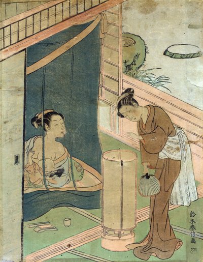 Äiti ja lapsi hyttysverkon takana. Harunobu Suzuki, japanilainen puupalikkakuviotaiteilija Ukiyo-e-tyyliin. tekijältä Suzuki Harunobu