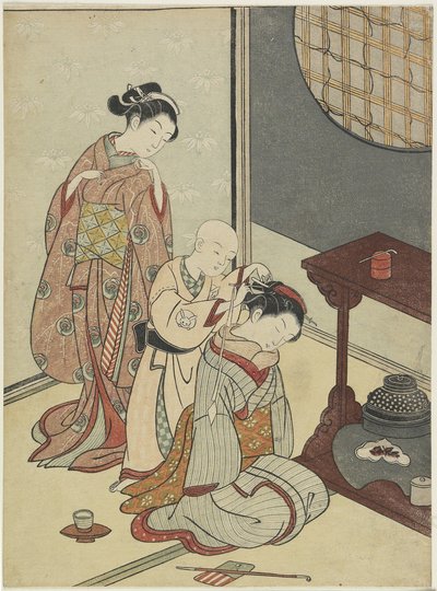 Night Rain on the Tea Stand, vuoden 1766 jälkeen (värillinen puupainatus) tekijältä Suzuki Harunobu