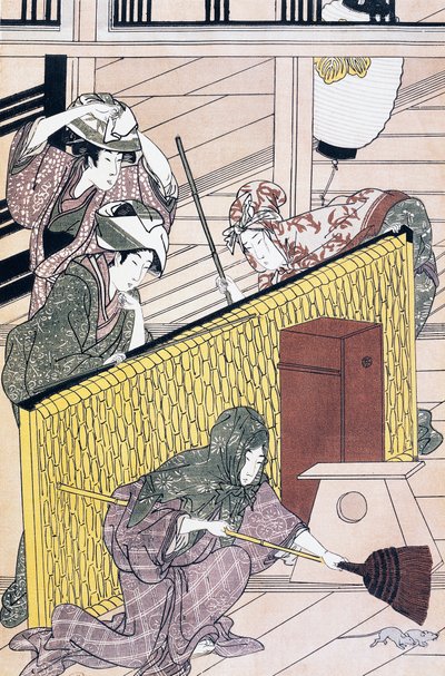 Palvelija jahtaa hiiriä talossa, Suzuki Harunobu (1725-1770) ukiyo-e-taidevedos, puupiirros, japanilainen sivilisaatio, Edo-kausi tekijältä Suzuki Harunobu