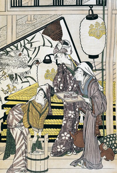 Kotona uurastavat palvelijat, Suzuki Harunobu (1725-1770) ukiyo-e-taidevedos, puupiirros, japanilainen sivilisaatio, Edo-kausi tekijältä Suzuki Harunobu