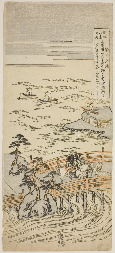 Sunset Glow at Seta (Seta Sekisho), sarjasta "Eight Views of Omi (Omi Hakkei No Uchi)" tekijältä Suzuki Harunobu