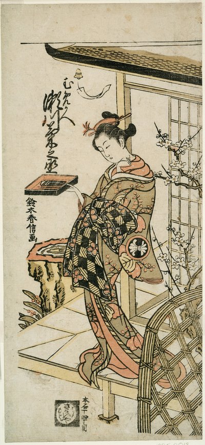 Näyttelijä Segawa Kikunojo II kurtisaani Umegaena näytelmässä "Hiragana Seisuiki", joka esitettiin Ichimura-teatterissa ensimmäisen kuukauden aikana, 1764 tekijältä Suzuki Harunobu