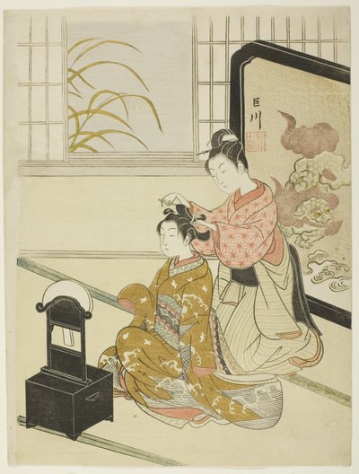 Syksyn kuu peilissä (Kyodai no shugetsu), sarjasta "Kahdeksan näkymää salista (Zashiki hakkei)" tekijältä Suzuki Harunobu