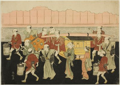 Morsian ratsastaa sotalinjalla miehensä taloon (Koshi-iri), kolmas arkki sarjasta "Avioliitto brokadiprintissä, hyveellisen naisen vaunut (Konrei nishiki misao-guruma)". tekijältä Suzuki Harunobu