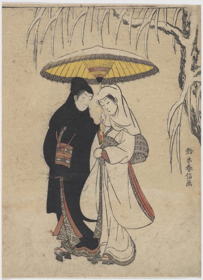 Oriental Arts: Nuoret rakastavaiset kävelevät yhdessä sateenvarjon alla lumimyrskyssä par Harunobu, Suzuki (1724-1770), n. 1769. Värillinen puupiirros, 25,7x19,1. Yksityinen kokoelma tekijältä Suzuki Harunobu