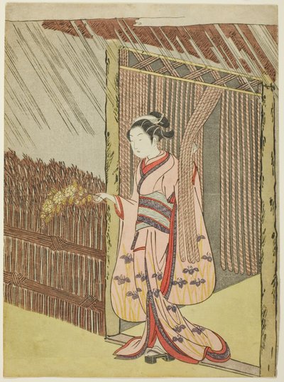 Nainen pitelee Kerria Flowers in the Rain -oksaa (Ota Dokanin parodia) tekijältä Suzuki Harunobu