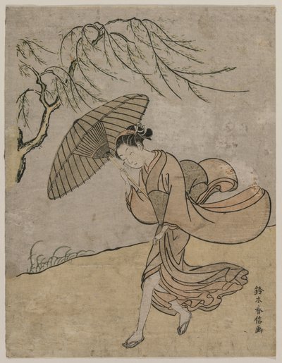 Nainen juoksee pajupuun ohi tuulessa, 1766 tai 1767. tekijältä Suzuki Harunobu
