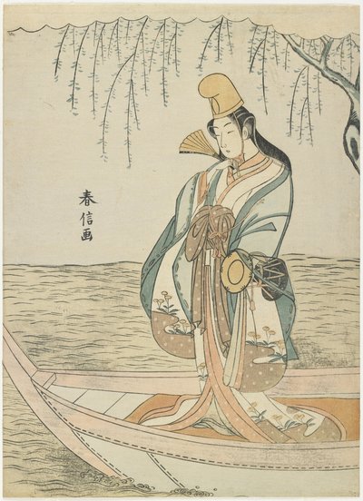 Nainen Asazuma-veneessä Shirabyo_shin asussa, n. 1767 tekijältä Suzuki Harunobu