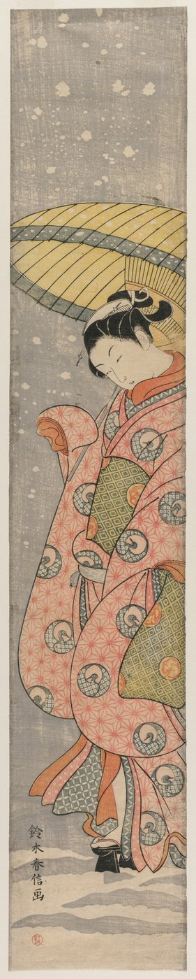 Nuori nainen seisoo sateenvarjon alla lumessa, 1767-1768. tekijältä Suzuki Harunobu