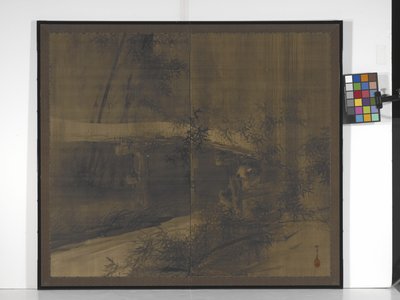Tanuki Under A Bridge (muste silkillä, jossa hieman oranssia, kultaa ja hopeaa) tekijältä Suzuki Shōnen