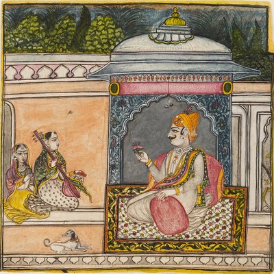 Terassilla musiikkia kuunteleva Raja, c1800 tekijältä Svarup Ram