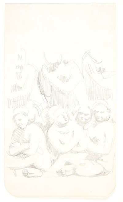 Gruppe med siddende figurer med korslagte arme i forgrunden. Studieblad efter relieffer i Borobudur, Java. tekijältä Svend Rathsack