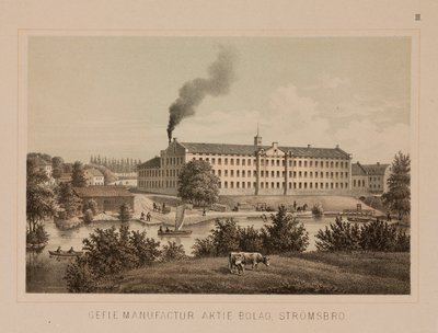 Puuvillatehdas, Stromsbro, Ruotsi, n. 1840 (väri litho) tekijältä Swedish School