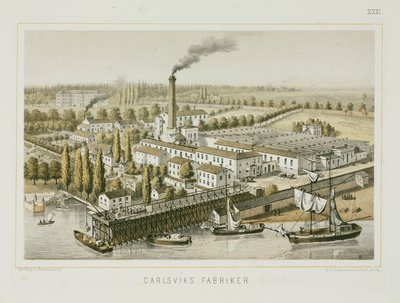 Tekstiilitehdas, Carlsviks, Tukholma, Ruotsi, n.1840 (värilitho) tekijältä Swedish School