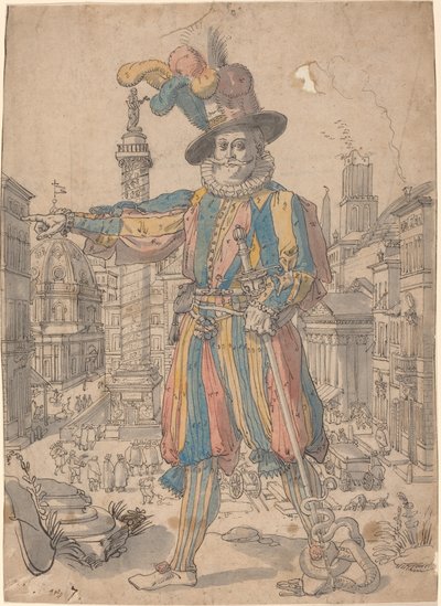 Sveitsinkaartin Giovanni Grosso seisomassa Rooman näkymän edessä tekijältä Swiss 17th Century after Francesco Villamena