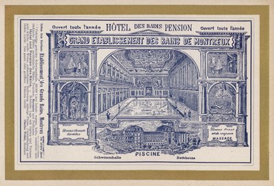 Mainos yritykselle Grand Etablissement Des Bains De Montreux (kaiverrus) tekijältä Swiss School