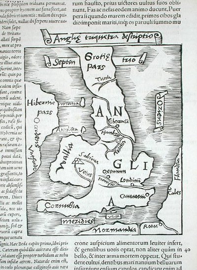 British Isles, teoksesta "Polyhistor of things ympäri maailman...", kirjoittanut Caius Julius Solinus, julkaistu Basel 1543 (puupiirros) tekijältä Swiss School
