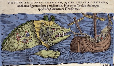 Merihirviö ja laiva, kuvitus "Historia Animaliumista", Conrad Gesner tekijältä Swiss School