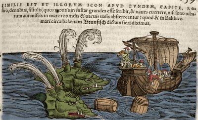 Sea Monsters, kuvitus Conrad Gesnerin Historia Animaliumista tekijältä Swiss School