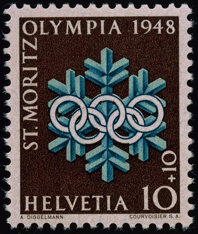 Postimerkki vuoden 1948 talviolympialaisten kunniaksi tekijältä Swiss School