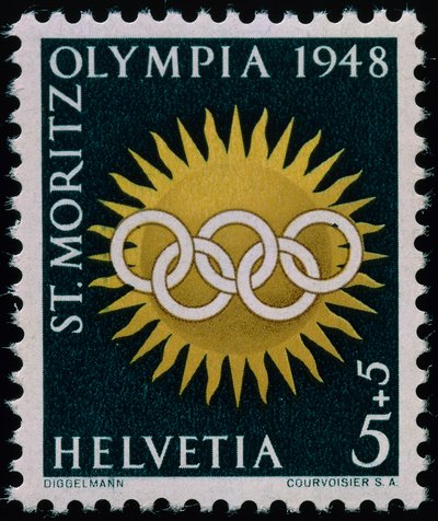 Postimerkki vuoden 1948 talviolympialaisten kunniaksi tekijältä Swiss School