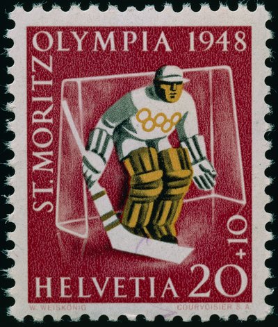 Postimerkki vuoden 1948 talviolympialaisten kunniaksi tekijältä Swiss School