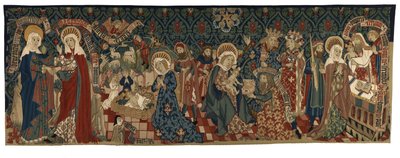 Selkä kuvakudos, jossa on neljä kohtausta Neitsyen elämästä, Baselista, n. 1450-1475 (villa- ja valkoiset pellavalangat) tekijältä Swiss School