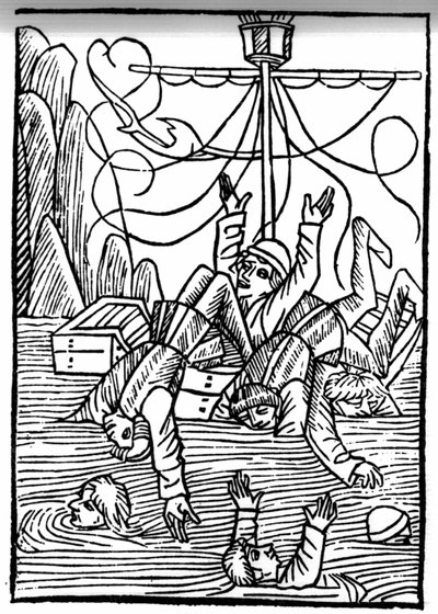 Legend of Saint Brendan (Brandan), sankari ja 6. vuosisadan irlantilainen pyhimys Laivat uppoavat Cleves-merellä. Kaiverrus "" Die Wunderbare Meerfahrt des Hl. Brandan." Paali tekijältä Swiss School