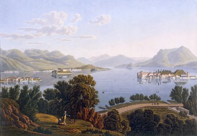 Näkymä Maggiore-järvelle ja Borromean saarille Voyage Pittoresque de Geneve a Milanosta, 1819 tekijältä Swiss School