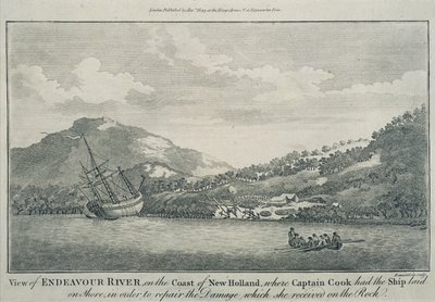 Kapteeni Cook, joka on haaksirikkoutunut matkallaan maailman ympäri, on korjannut Endeavourin satamassa yhdellä Hope Islandista, n. 1786 (kaiverrus) tekijältä Sydney (after) Parkinson