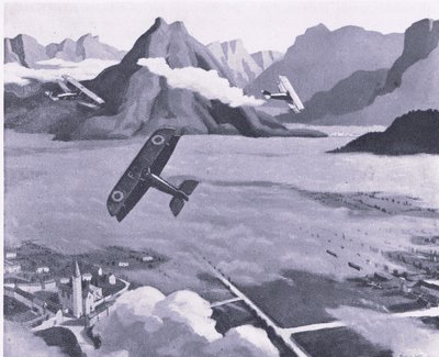 Brittiläiset tiedustelijat lähtevät lentopaikaltaan partioidessaan Asiagon ylängöllä Italiassa, Collinsin julkaisemasta British Adventure -teoksesta vuodelta 1947. tekijältä Sydney Carline