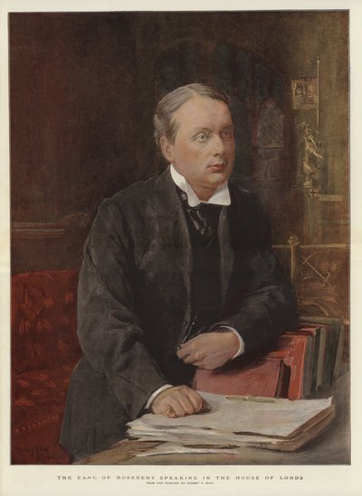 Earl of Rosebery puhumassa House of Lordsissa (väri litho) tekijältä Sydney Prior (after) Hall
