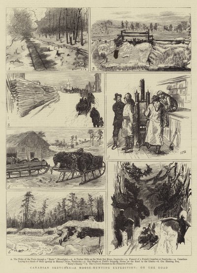 Canadian Sketches, hirvenmetsästysretkikunta, tiellä tekijältä Sydney Prior Hall