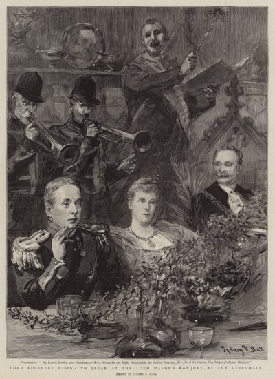 Lord Rosebery nousee puhumaan Lord Mayorin juhlaan Guildhallissa tekijältä Sydney Prior Hall