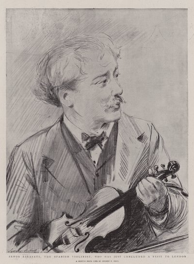 Senor Sarasate, espanjalainen viulisti, joka on juuri päättänyt vierailunsa Lontooseen tekijältä Sydney Prior Hall