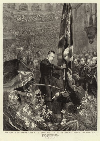 Irlannin uskollinen mielenosoitus Albert Hallissa, Abercornin herttua istuttaa Union Jackin tekijältä Sydney Prior Hall