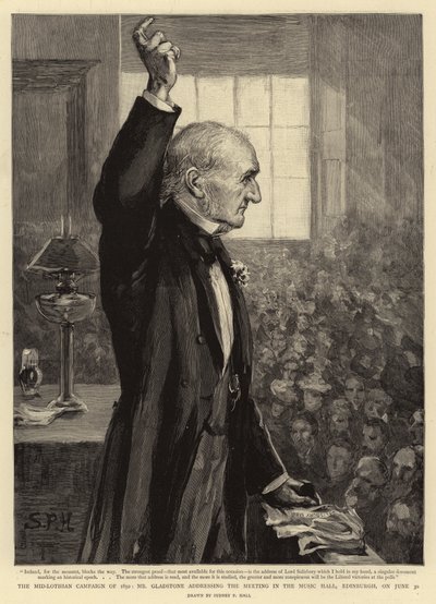 Mid-Lothian Campaign 1892, herra Gladstone puhui kokouksessa Music Hallissa Edinburghissa 30. kesäkuuta tekijältä Sydney Prior Hall