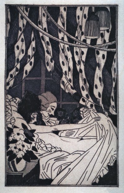 Erotiikka: Giacomo Casanova (1725-1798) nostaa lakanat pohtiakseen alaston rakastajataraan, 1900-luvun alkua (etsaus) tekijältä Sylvain Sauvage