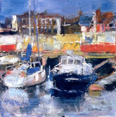 Lowestoft Harbour View (sekoitettu media ja kollaasi paperille) tekijältä Sylvia Paul