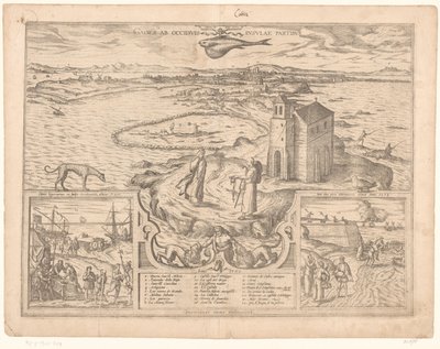 Näkymä Cádizin niemelle Gades ab occiduis insulae partibus (otsikko esineessä) tekijältä Symon Novelanus (possibly)