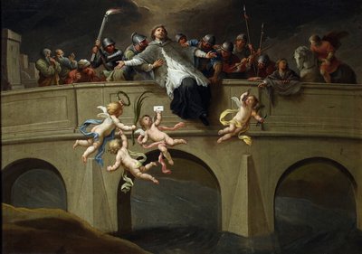 Le martyre de Jean Nepomucene (1345-1393) - Pyhän Johannes Nepomukin marttyyrikuolema Czechowiczissa, Szymonissa (1689-1775). Öljy kankaalle, koko: 61x86,5, n. 1750, Kansallismuseo, Varsova tekijältä Szymon Czechowicz