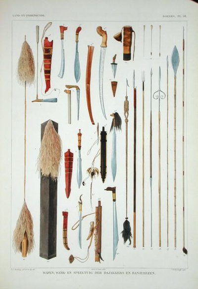 Weapons from Borneo, julkaisusta "Discourses on the Natural History of Dutch Overseas Possessions", osa I, Coenraad Jacob Temminck, kaiverrus J.M. Kierdorff, julkaistu 1839-44 (värilitografia) tekijältä T.C. (after) Bruining