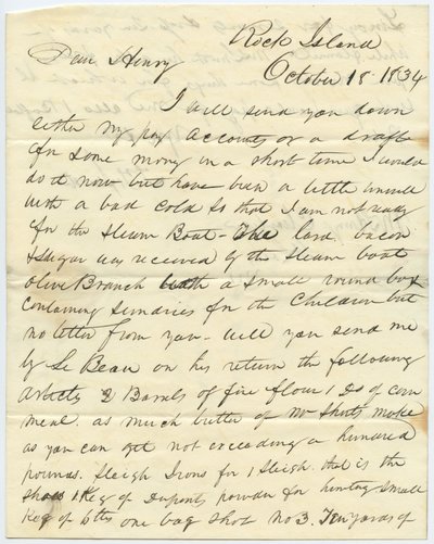 Kirje allekirjoitettu T.F. Smith, Rock Island, Henry Chouteaulle, St.Louis, Mo., 18. lokakuuta 1834 tekijältä T.F. Smith