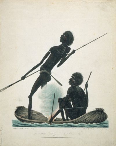 Alkuperäisasukkaat kalastamassa kuorikanootilla, 1819 tekijältä T.R. Browne