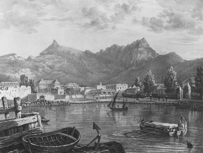 Port Louis, Mauritius, sataman itäpuolelta, n.1830 (litografia). tekijältä T. (after) Bradshaw