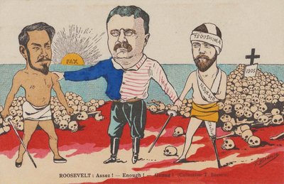 Roosevelt: Assez! - Tarpeeksi! - Genug! Karikatyyri Portsmouthin sopimuksesta, 1905. tekijältä T. Bianco