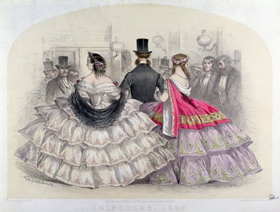 Krinoliinia pukeutuvat naiset Italian kuninkaallisessa oopperassa Covent Gardenissa, 1859 (värikaiverrus) tekijältä T. H. Guerin