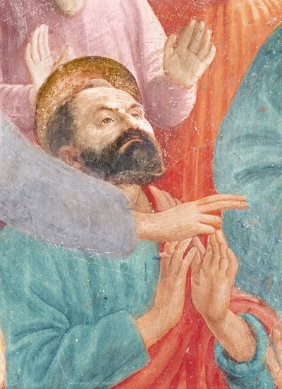 Pyhän Paavalin pää, Theofiluksen pojan herättämisestä, ja Pyhän Pietarin pää, Antiokian ensimmäisenä piispana, n. 1427 ja n. 1484–1485 (63302:n yksityiskohta) tekijältä Tommaso Masaccio